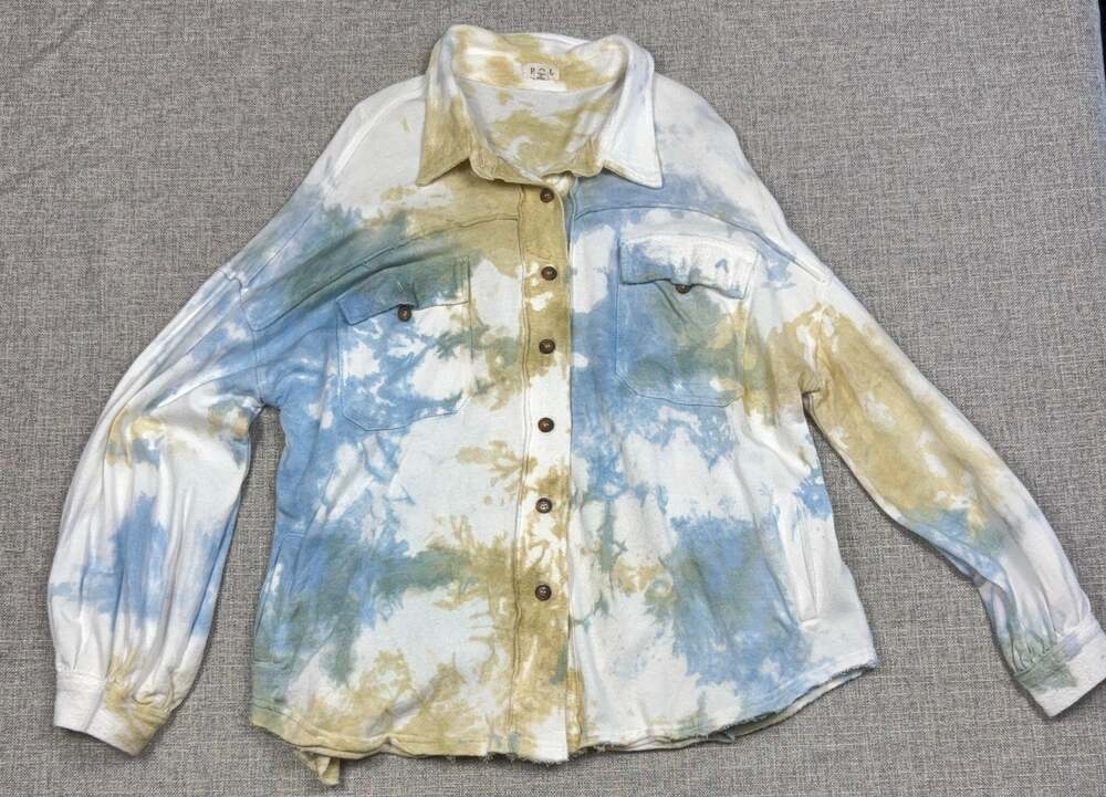 POL Shacket Womens Large Tie Dye French Terry Cotton Blue Boho Raw Hem Button Up